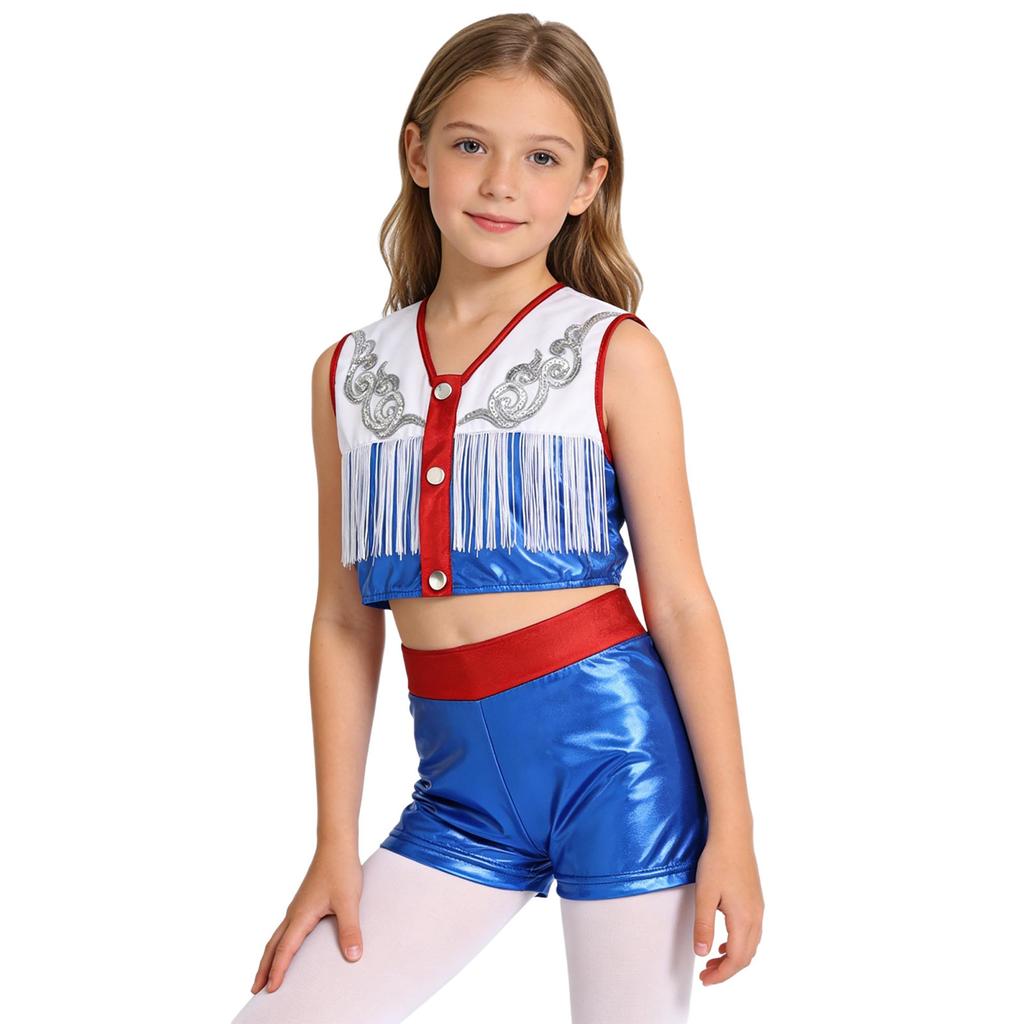 Children‘s Cowgirl Costume Set Sequins Metallic Fringe Sleeveless Top and Matching Shorts for Western Theme Fancy Ball Party
