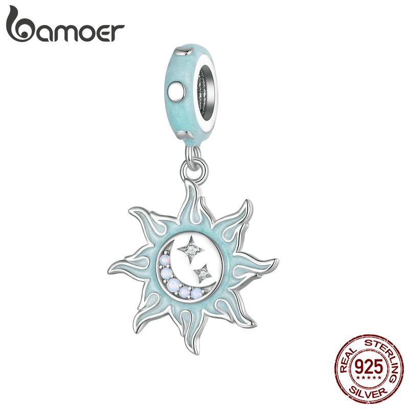 BAMOER 925 Sterling Silver Wing Heart Series Guard of Love Moonstone Charms for Women Original Bracelet Fine Jewelry
