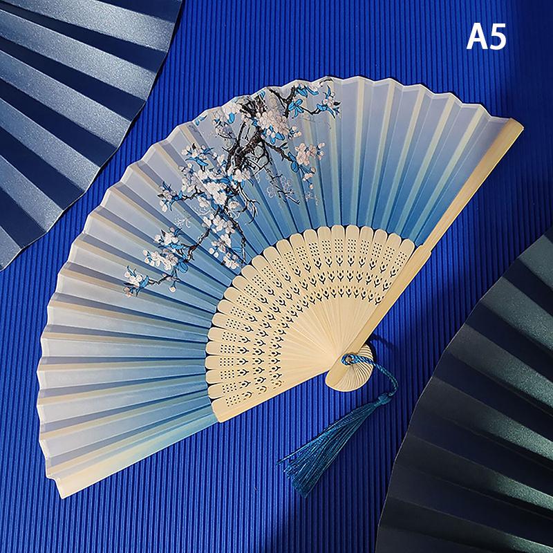 Vintage Chinese Style Folding Fan Bamboo Hand Fan Wooden Shank Classical Dance Fan With Tassel Elegent Female Fan Home Decor