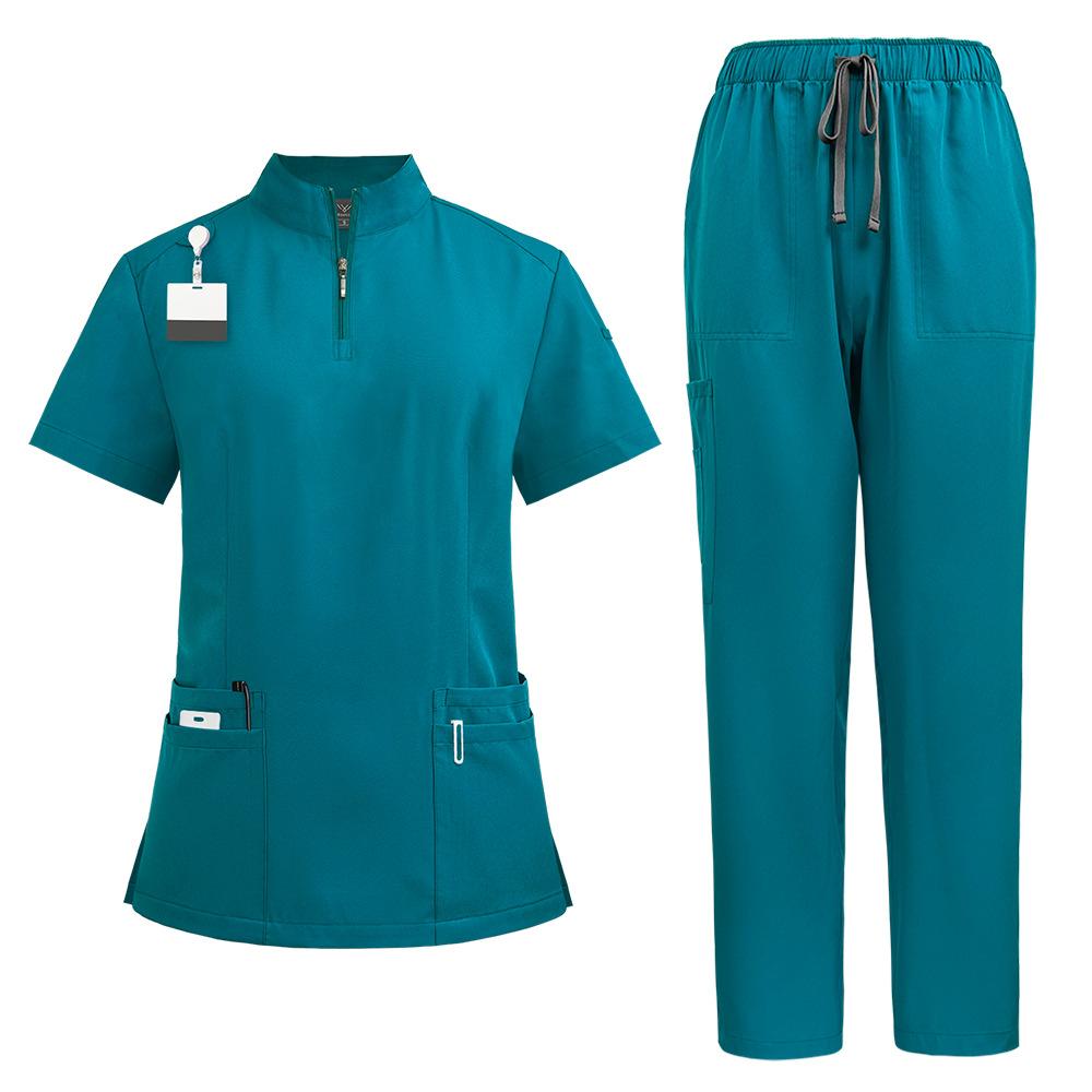 Stand-up Collar Zipper Doctor and Nurse Work Uniform Surgical Gown Straight Pants Solid Color Suit