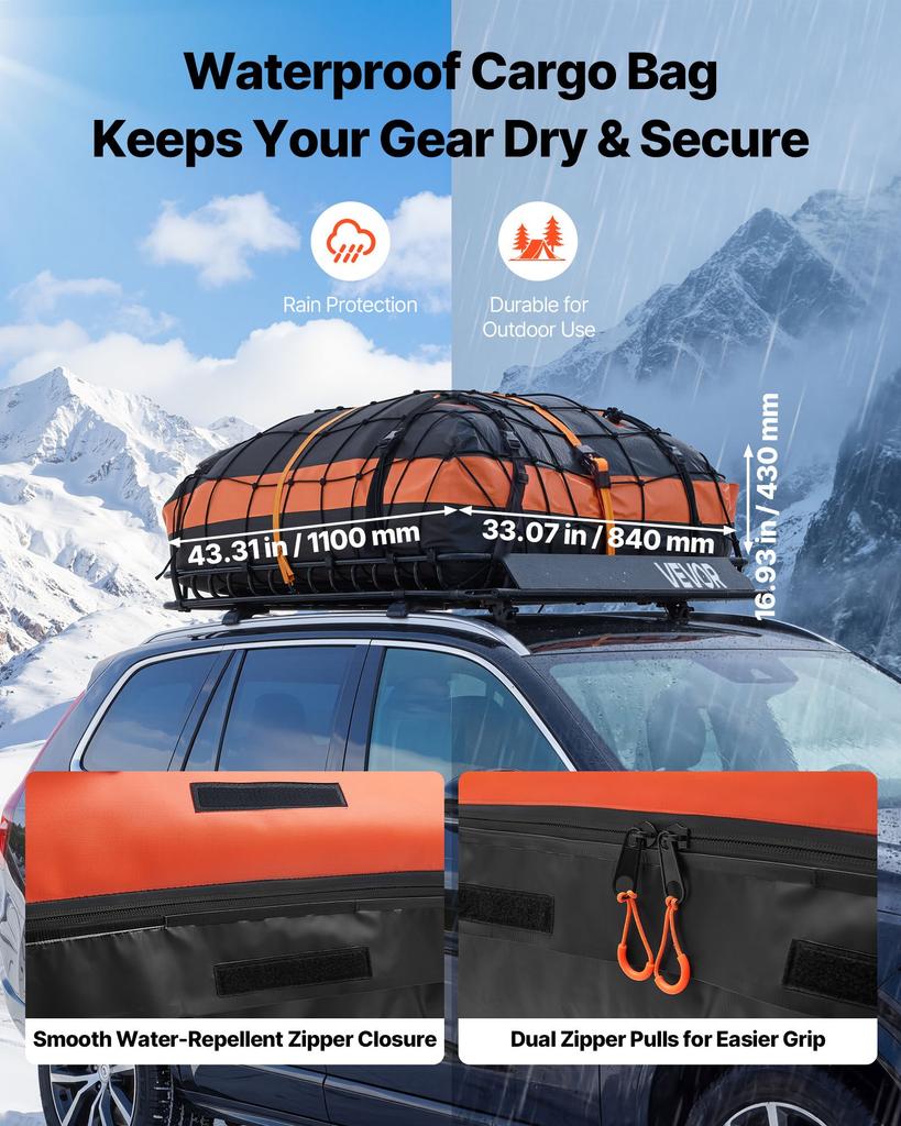 VEVOR Roof Rack Cargo Basket, 1371 x 864 x 102 mm, Heavy Duty Roof Top Carrier Basket with Waterproof Bag, Cargo Net, Ratchet Straps