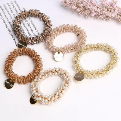 Pearl Basic Crystal Bead Hair Scrunchie All-Day Hair Tie