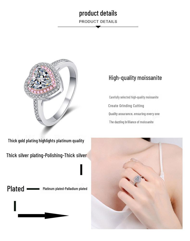925 Sterling Silver Heart-to-Heart 1 Carat Moissanite Heart Ring for Women