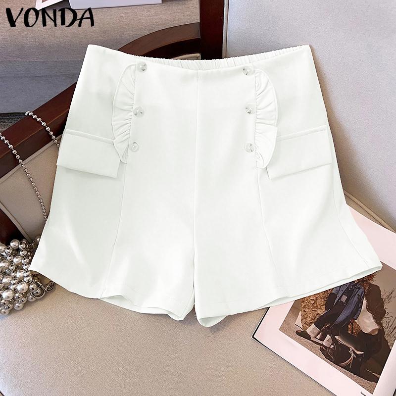 

Women Elastic Waist Ruffled Hem Patchwork Casual Shorts Mini Pants M білий