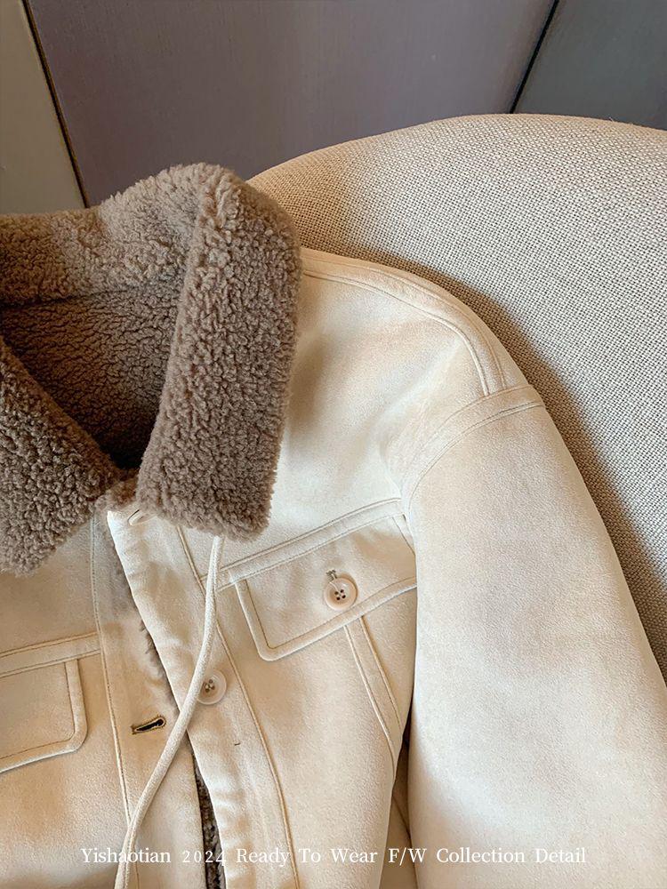 Women's Korean Style Suede Lambswool Leather Fur Jacket: 2025 Autumn/Winter Petite, Loose, Thickened Top