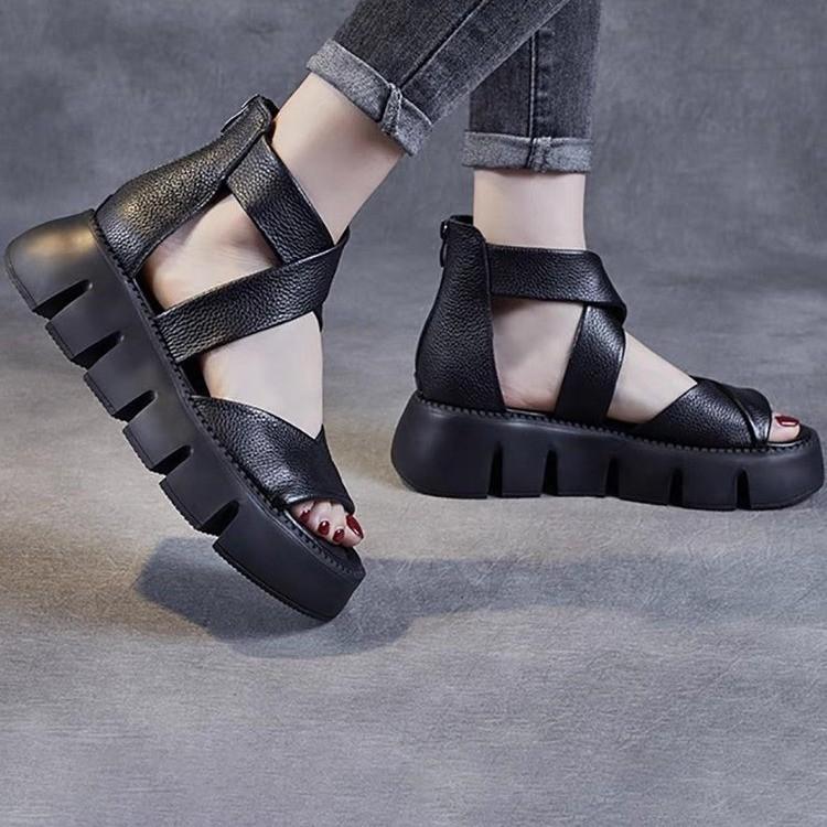 Cowhide Back Zip Wrap Heel Sandals Women Summer Thick Sole Sandals Comfortable Platform Wedges Casual Dressy Shoes Non Slip