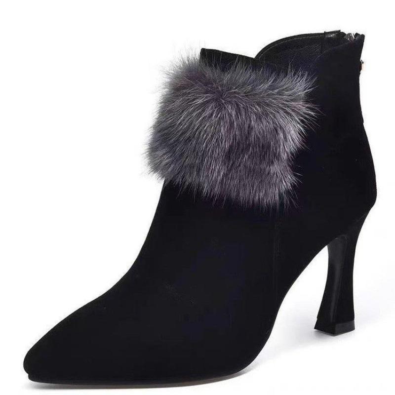 Fleece Warm High-heeled Short Boots Winter New Small-heeled Stiletto Temperament Pointed-toed Versatile Fashion Cotton Boots