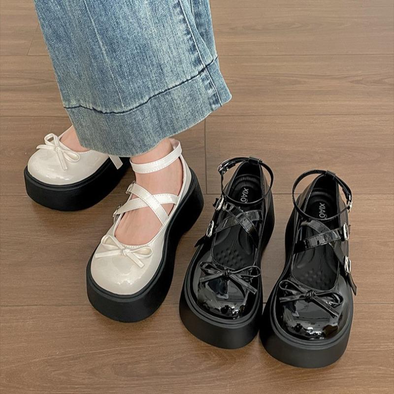 Fashion Women's Mary Jane Soes Spring Autumn New Retro Bow Tie Loafers Belt Buckle Fashion Women Pumps Platform Solid Heels for Women