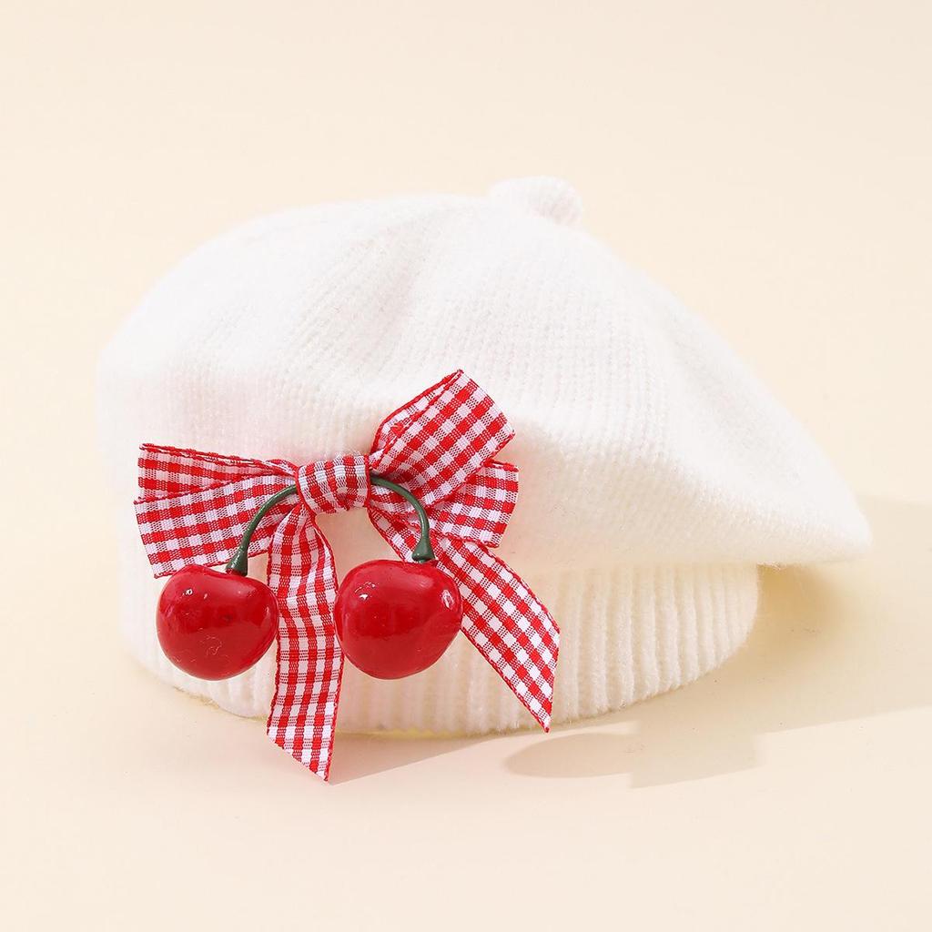 Charming Woolen Beret with Bow & Cherry for Kids - Autumn & Winter Solid Color Hat