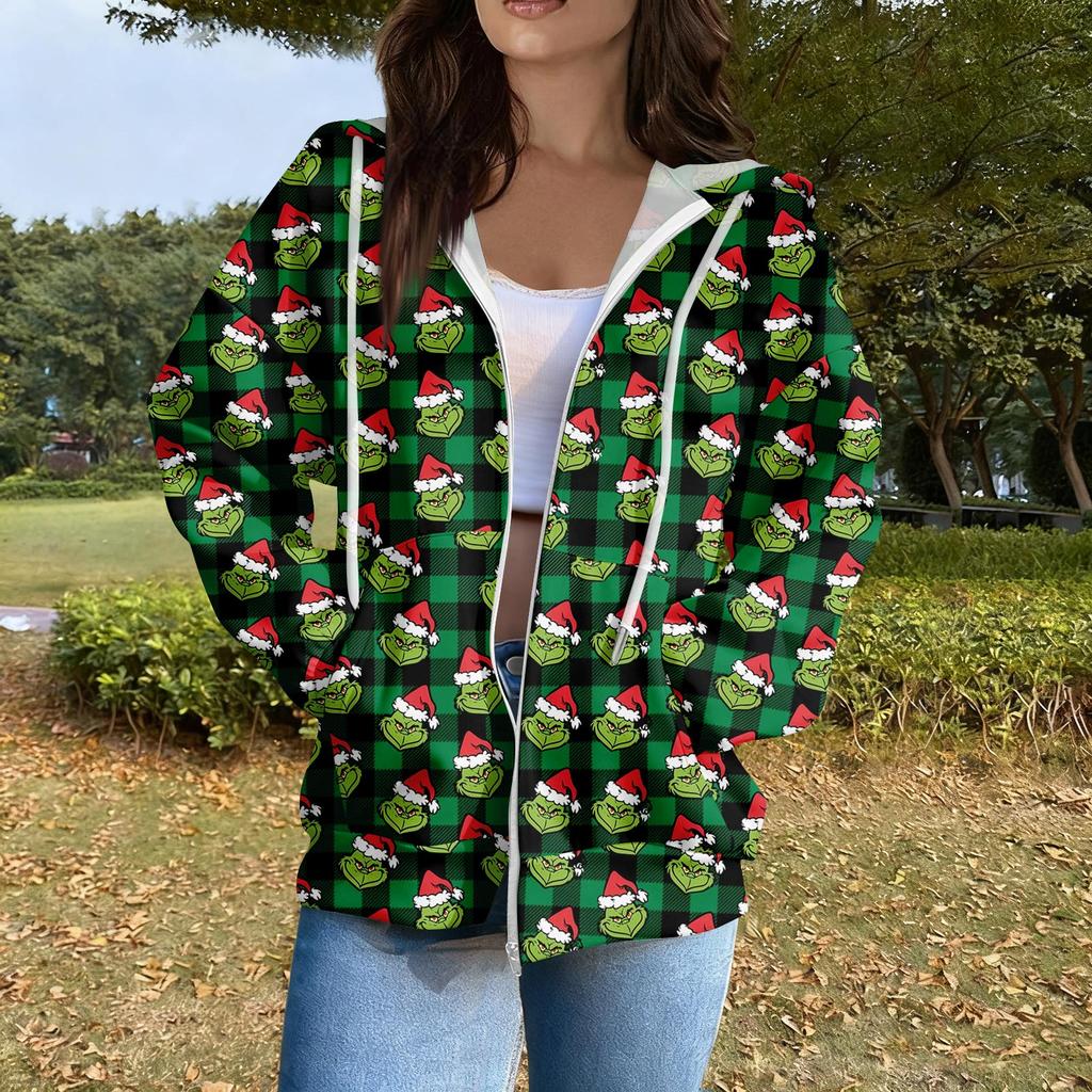 Women's Casual Fashion Long Sleeve Zipper  Printed Hooded Sweatshirt