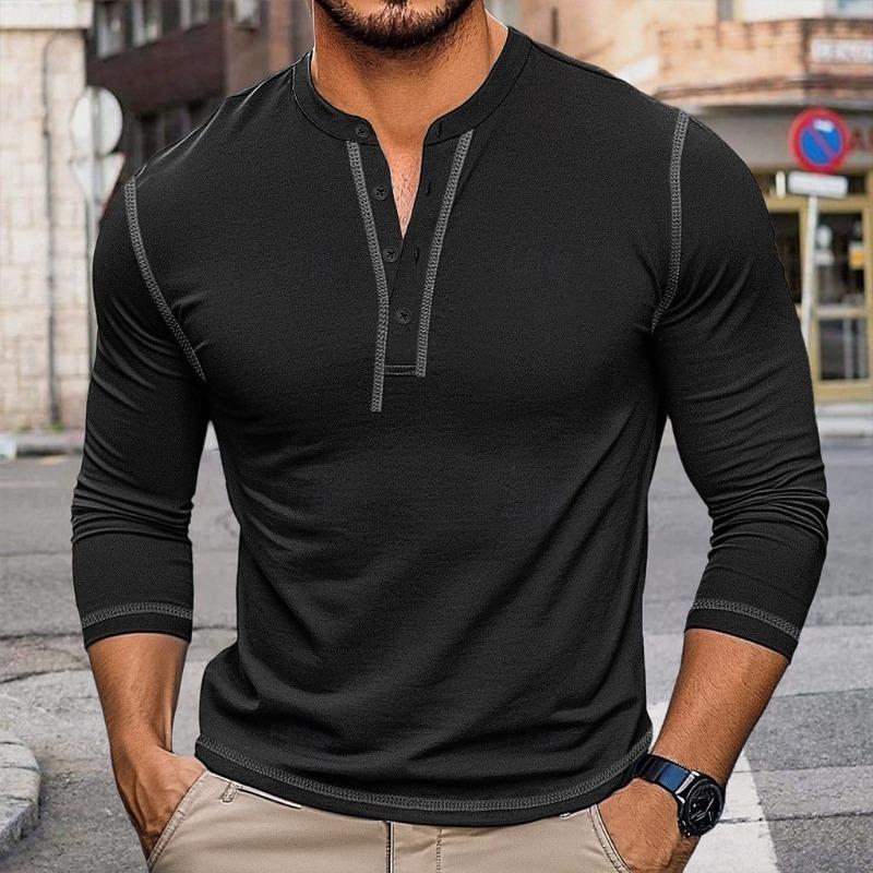 Mens Vintage Color Block Long Sleeve Crew Neck Henley T Shirt Casual Top