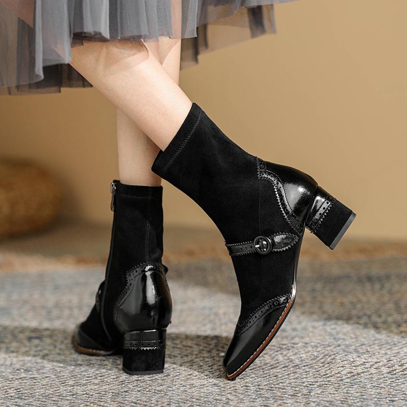 Fashion Genuine Leather Mary Jane Women Boots Fashion Retro Buckle Ankle Boots Square Toe Thick Heel Handmade Autumn Winter Shoes Woman