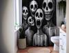 Black White Screaming Skulls Shower Curtain with Gothic Pattern, Spooky Halloween Bathroom Decor for Creepy Gift Idea