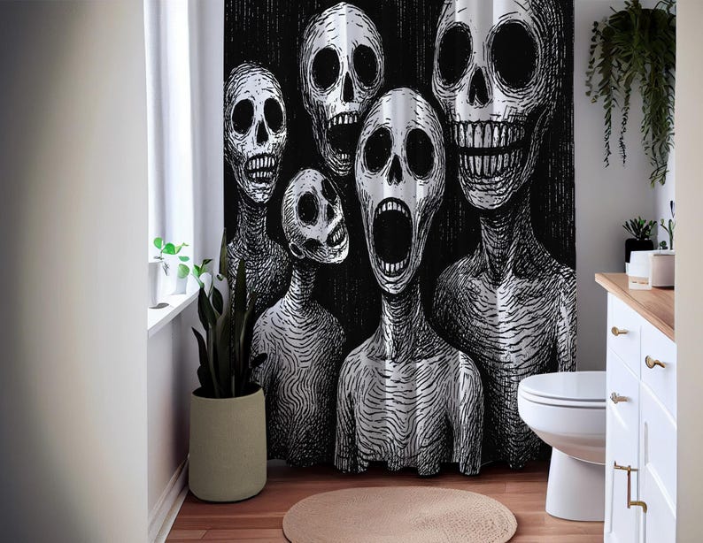 Black White Screaming Skulls Shower Curtain with Gothic Pattern, Spooky Halloween Bathroom Decor for Creepy Gift Idea