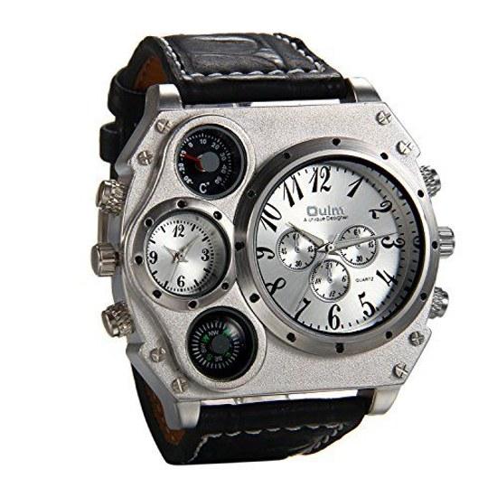 JewelryWe Mode Herren Multifunktionsuhr Zifferblatt Analoganzeige Lederarmband Sportkompass Thermometerfunktion Silber Schwarz
