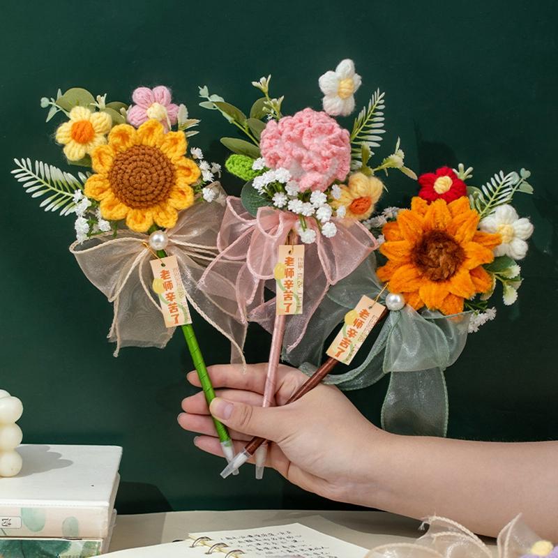 Crochet Flower Pen Black Ballpoint Pen Woven Bouquet Pens Black Ballpoint Artificial Flower Stationery Pen Teachers ' Day Gifts