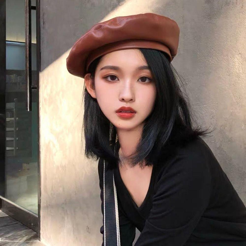 Casual Solid Color PU Beret Y2K Retro Painter Hat British Style Korean Artist Hat Outdoor