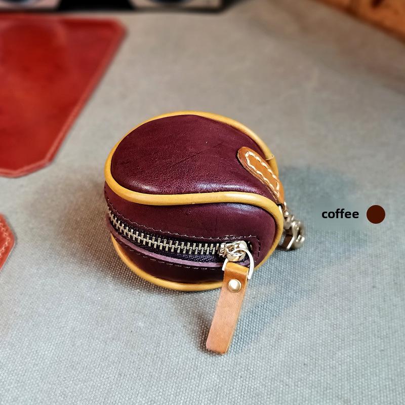Retro Vegetable Tanned Leather Coin Purse: Genuine Oil Wax Cowhide Headphone Storage Bag