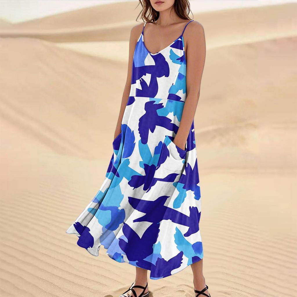 Damenmode Lässig Ärmellos Tasche Langes Strandkleid mit Blumendruck