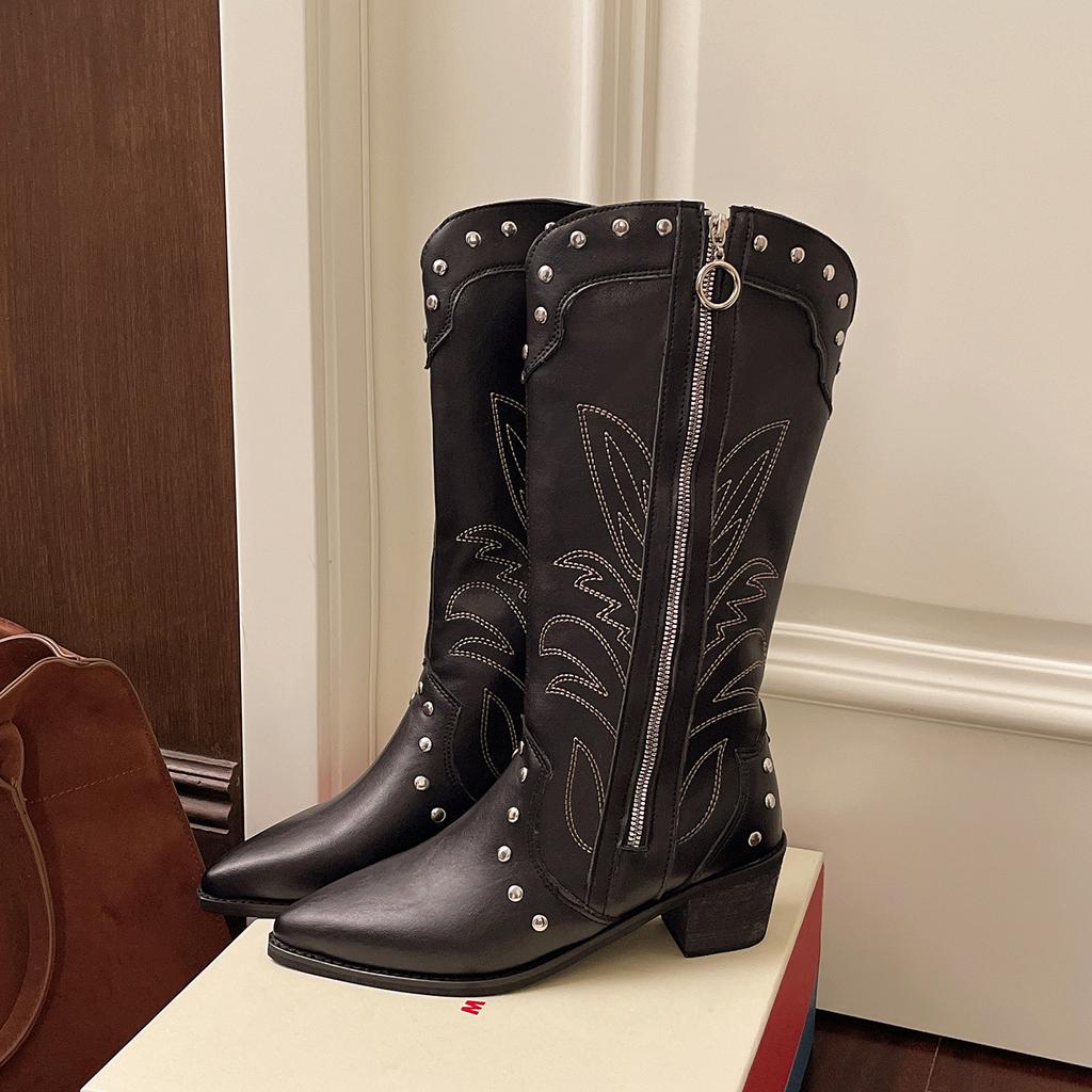Fashion Trend Retro Black High-end Thick Heel Boots Women's Summer 2025 New with Skirt Western Cowboy Boots