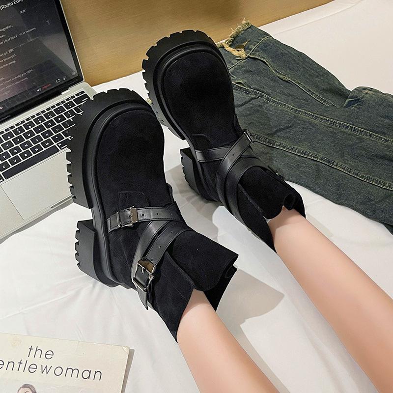 2025 autumn new retro belt buckle muffin Martin boots women's thick-soled thin Maillard short boots fashion boots
