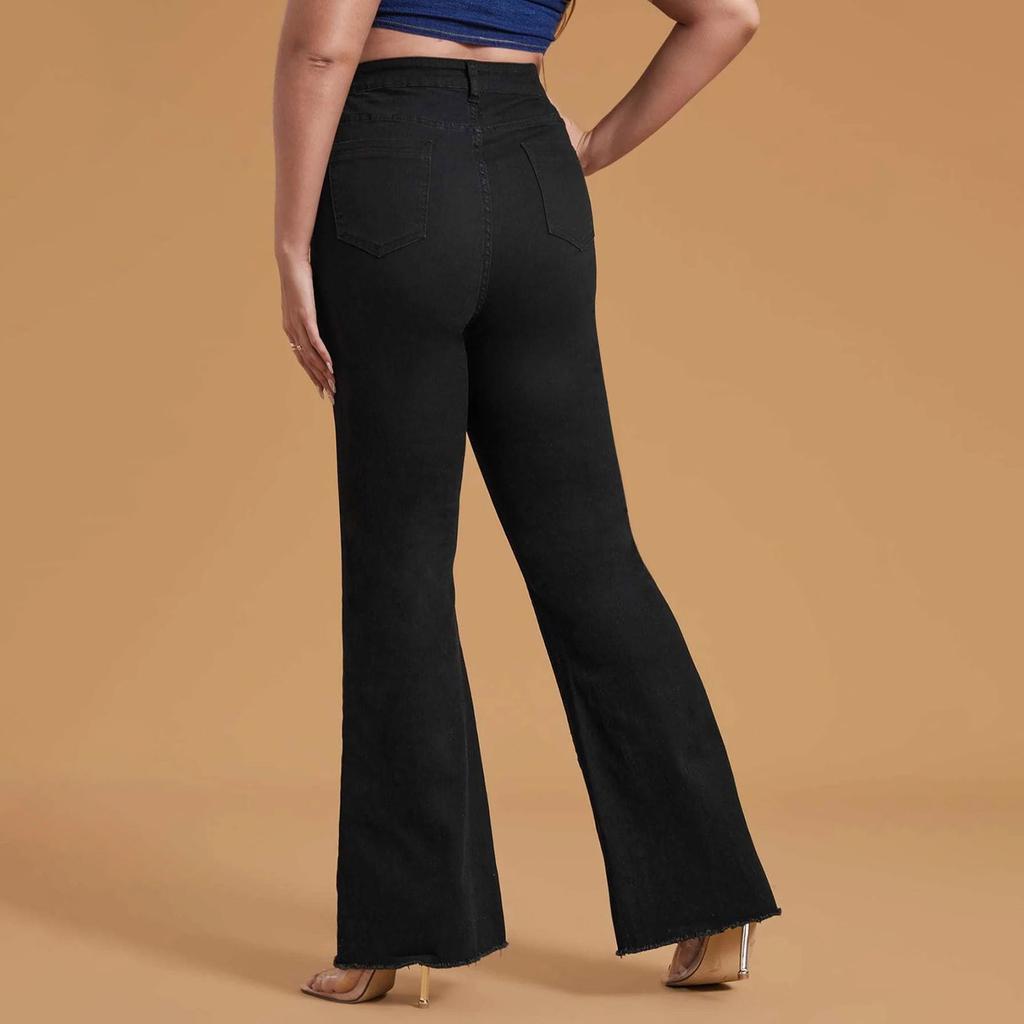 Ladies' Solid Color Casual Versatile Mid Waist Fringed Denim Big Flared Pants Jeans