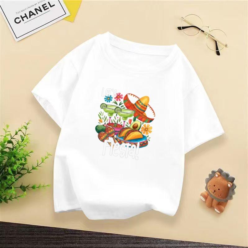 Cartoon Painted Mexico May 5th Festival Childrens Tshirt Ethnic Style Casual Short Sleeved Tshirt for Boys and Girls