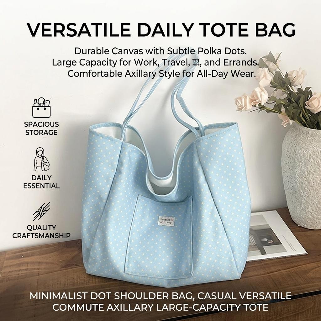 Women's Polka Dot Tote Bag Large Capacity Commuter Shoulder Handbag With Reinforced Bottom