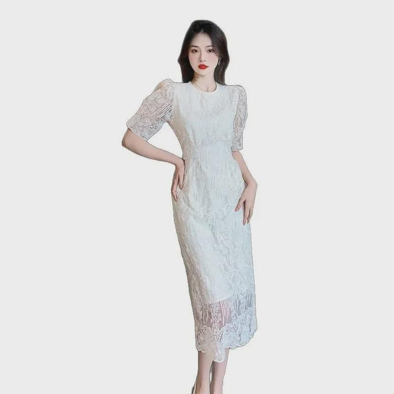 2025 Summer Korean Puff Sleeve Midi Dress with French Lace