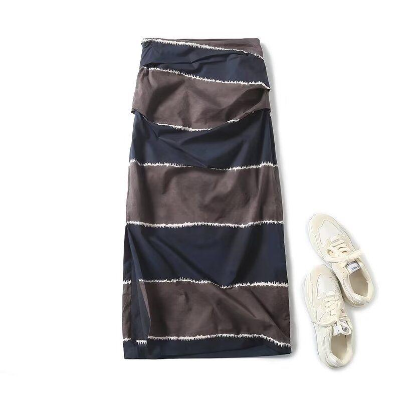 

MD Women s French Style Vintage Stripe Fashionable Side Slit Pure Cotton Silm Straight-leg Skirt 05274823422 Brown S