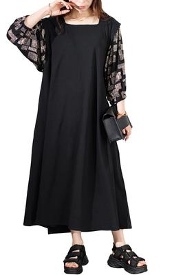 Gold Japan Plus Size Long Cool To the Sizes Black Women's Dress, Sleeves, Touch, Patterned, Stretch, Spring/Autumn/Summer, LL-3L, (kt-7824560)
