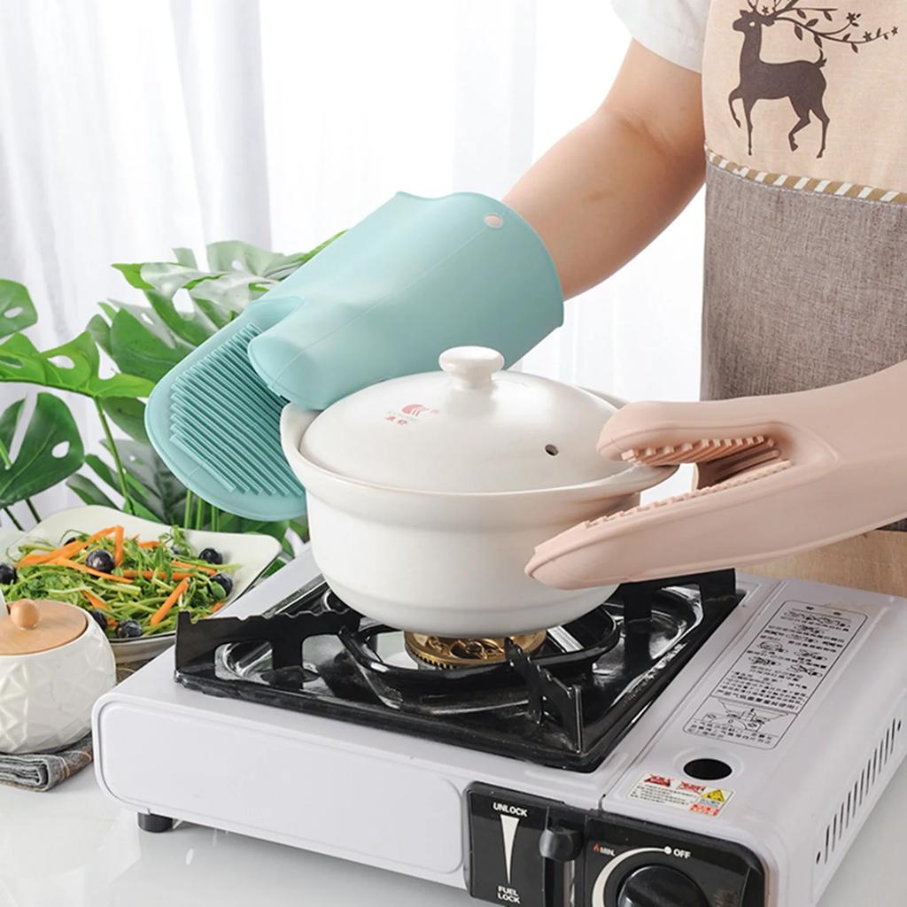 1 Pcs Long Thickened Oven Gloves Heat Resistant Microwave Glove BBQ Baking Hot Pot Silicone Mitts Cooking Pinch Mitts Potholder