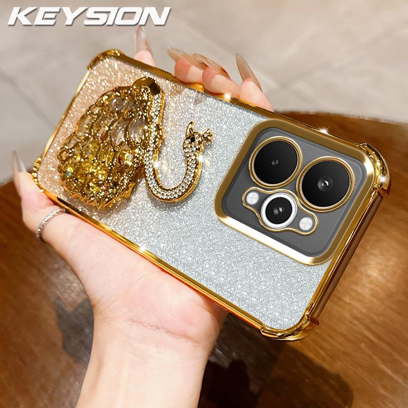 

KEYSION Протиударний чохол з гальванічним покриттям для Realme 15 Pro 5G Прозорий ТПУ з блискітками, інкрустований коштовним камінням, чохол-підставка Лебідь для OPPO Realme 15 5G for Realme 15 Pro 5G золотий