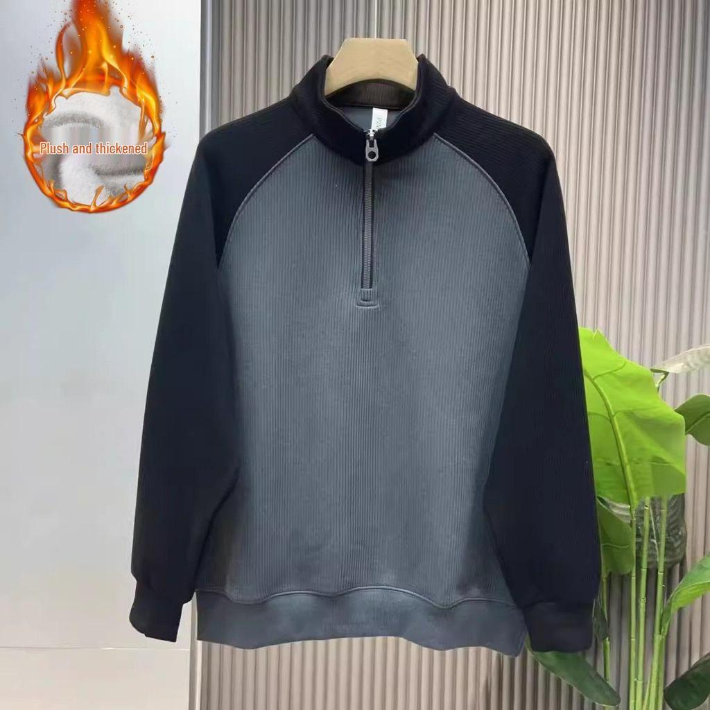 Winter 2025 Men's Color Block Fleece-Lined Stand-Up Collar Sweatshirt: Trendy Casual Half-Zip Outerwear