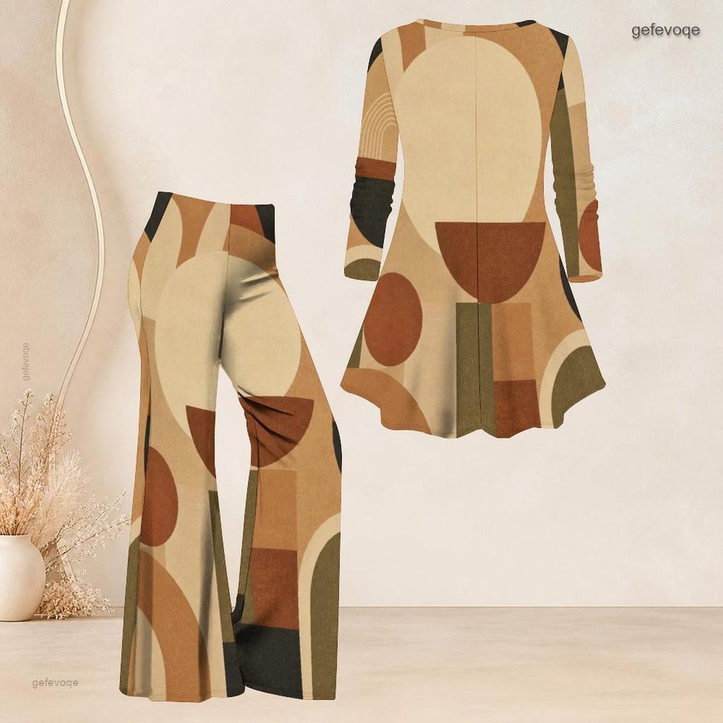 Women Plus Size V Neck Three Quarter Sleeve Plaid Printed Tunic Top Flared Pants Two Piece Set