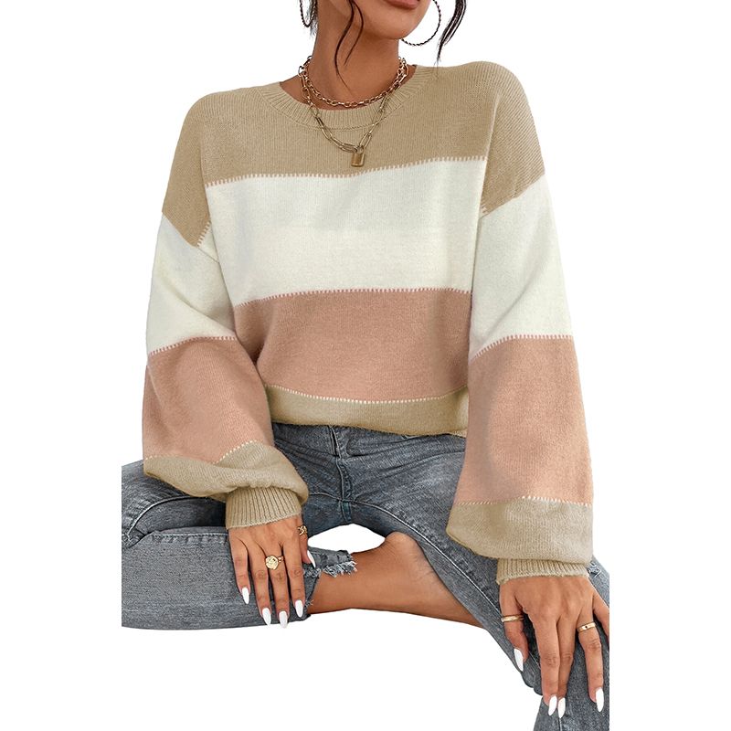 

2025 Winter New Arrival Stripes Color-Block Crew Neck Sweater Women European and American Leisure Loose Easiest for Match Drop Shoulder Knitwear Women Color Size S fit (45.00 kg-55.00 kg