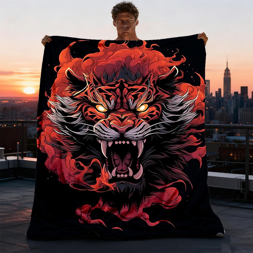 1pc Tiger Flame Mask Outdoor Flannel Blanket, Cozy & Warm Soft Te Playful Design, Napping Camping, 75X95CM