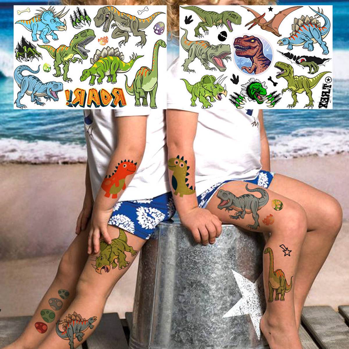 EMOME Dino Tattoos Für Kinder - 50 Glitzer Tattoos Einzeln Verpackt