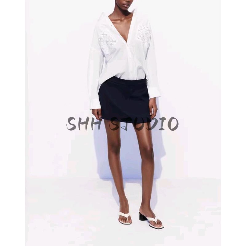 Summer New Product Women's Clothes Lapel Long Sleeves Asymmetric Hem Rivet Ornament Poplin Loose Shirt 2298078