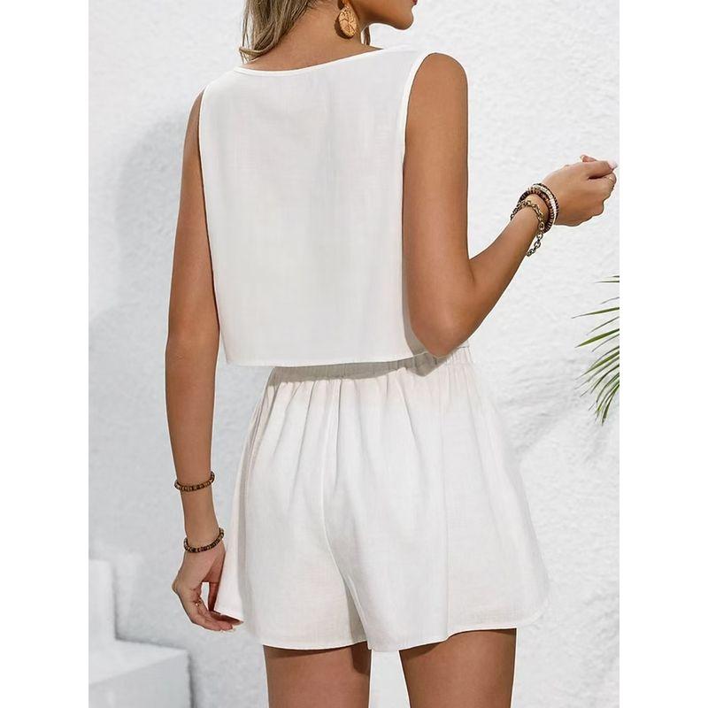 Fashion Wind Fashion Cotton Linen round-Neck Vest Shoelace Shorts Two-piece Set Sexy Top and Pants Set
