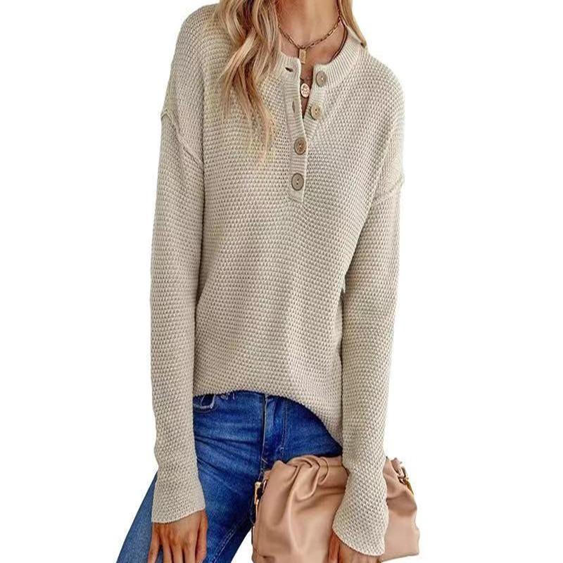 Women S Solid Color Half Open Button Pullover Long Sleeve Sweater