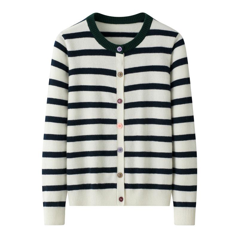Women's Black & White Striped Single-Breasted Retro Knit Cardigan Sweater