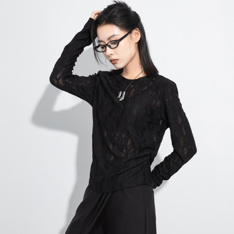 long sleeve Oversized black lace sexy hollow out Casual loose t shirt tops Women spring autumn t-shirt