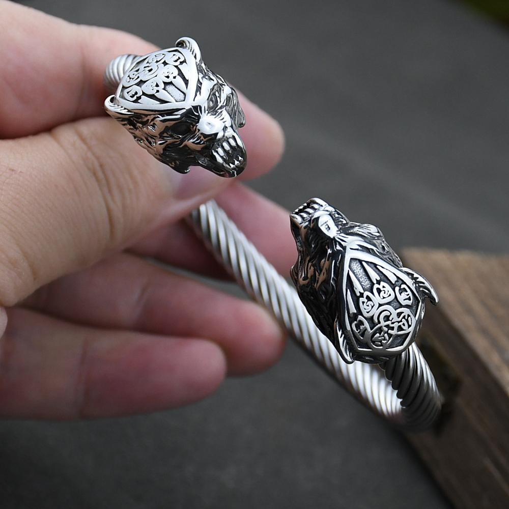 Pulseira Viking de Lobo em Aço Inoxidável Masculina com Amuleto de Pata de Urso Geri Freki para Presente Masculino