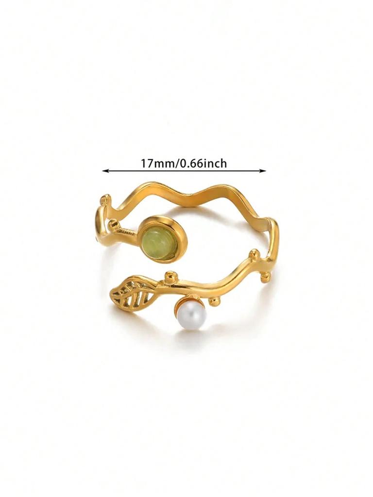 Edelstahl Grüne Blatt Wellenringe 18K Vergoldet Anti-Fading Offener Ring für Damen Hochzeits Schmuck Urlaubs Accessoires Geschenk