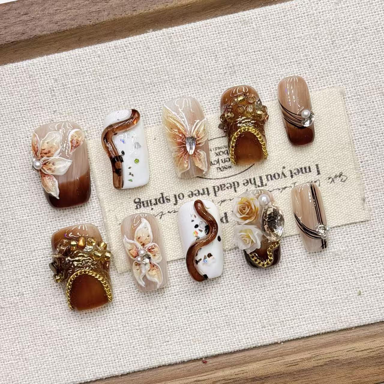 Flower Sculpting Boutique Handmade Almond Nail Art - Whitening Fake Nail Tips