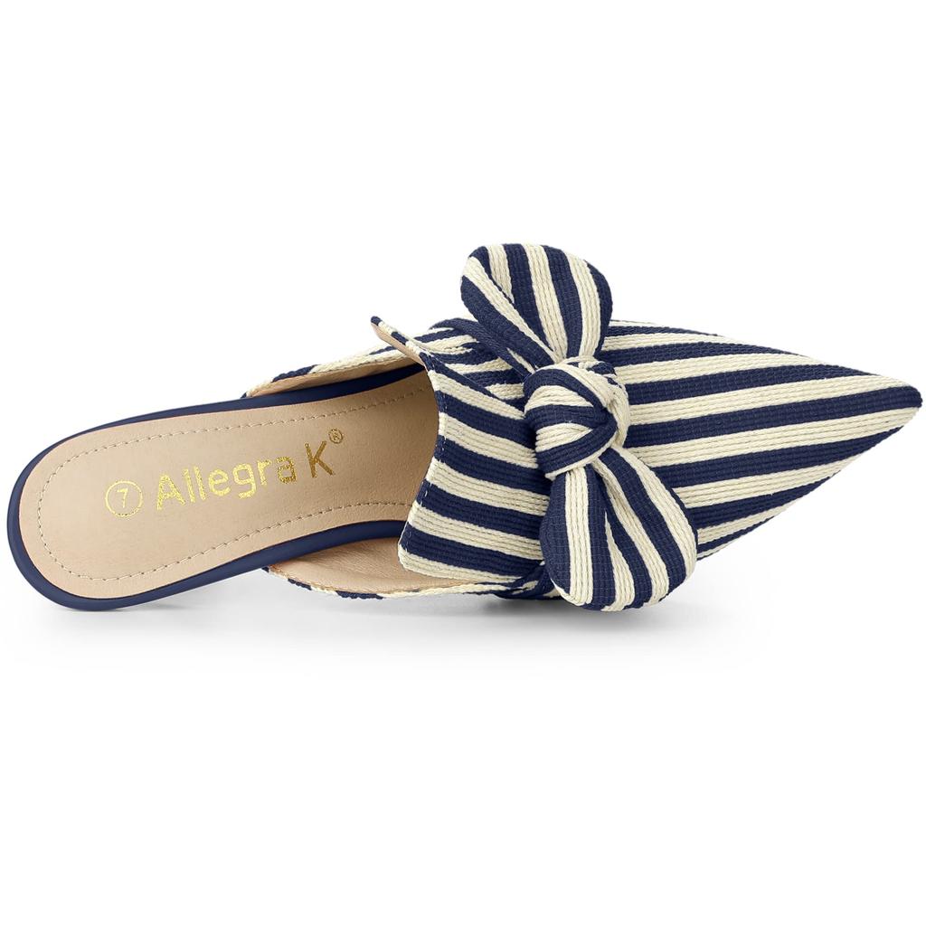 Allegra K Women's Striped Bow Slip Slide Mules with Stiletto Heels, Dark Blue, Size 25.0cm