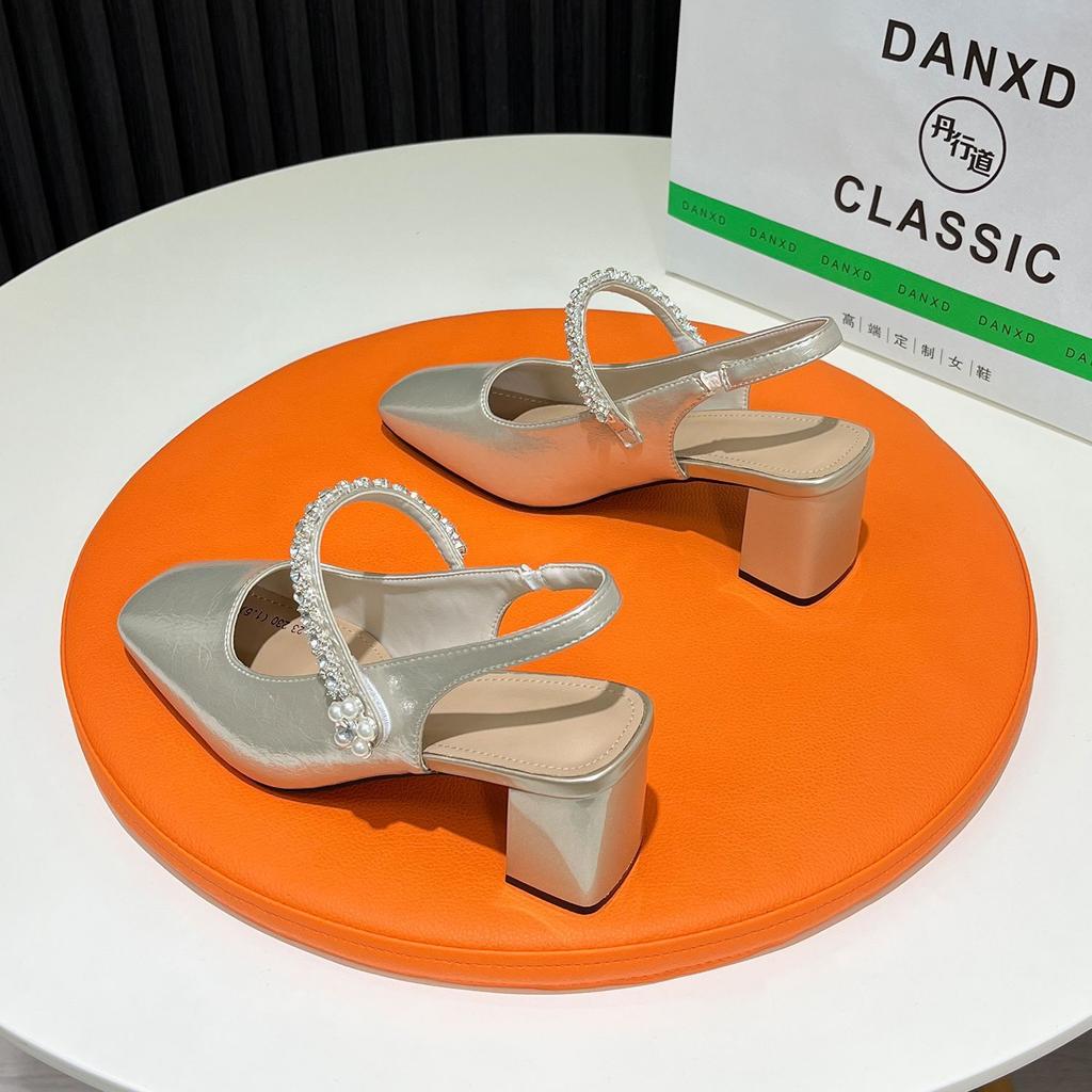 Rhinestone Word with High Heels Baotou Sandals Women's 2025 Summer New Models with Skirts, Absolutely Unique Thick Heels, Empty Shoes