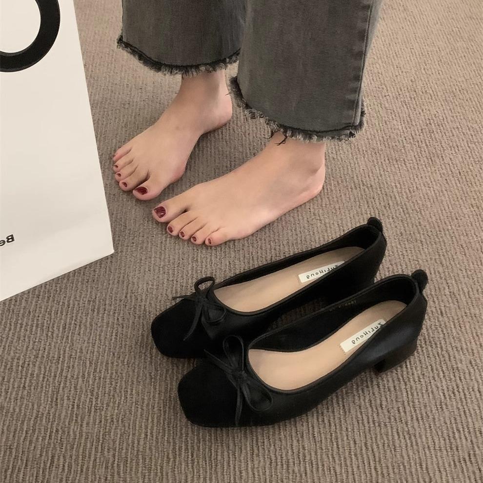 Evening gentle bow single shoes commuter black flats autumn and autumn French women's shoes with skirt high heels