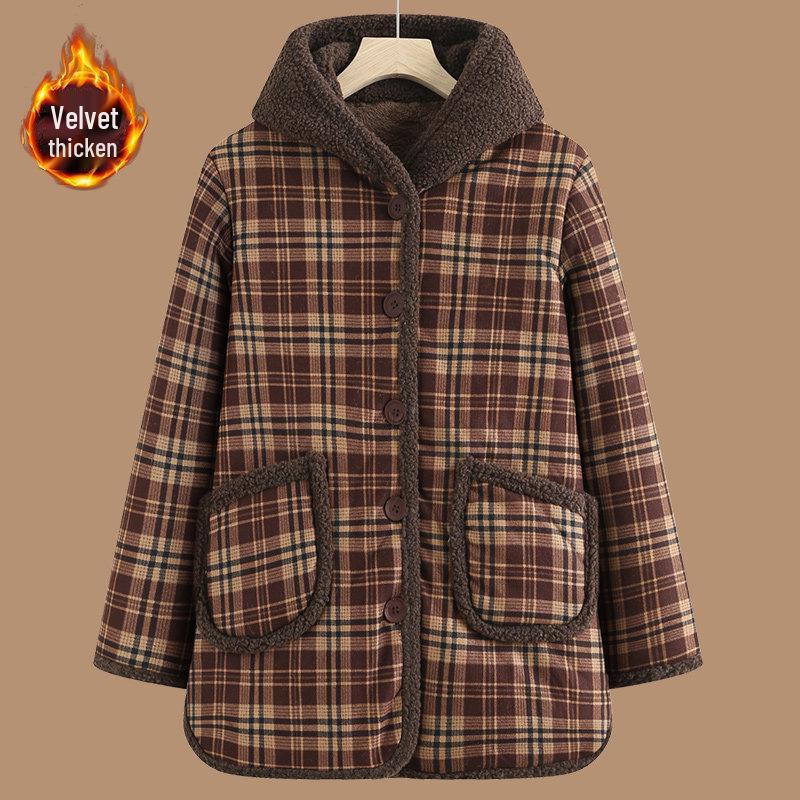 

Plaid Fleece-Lined Cotton Jacket for Mid-Aged and Elderly Women, Thick Winter Coat, Plus Size 4XL (135-150 jin)